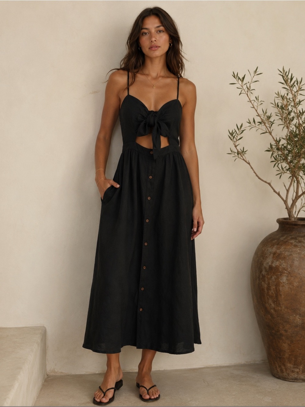 NEW Black Button-Front Midi Dress with Tie Bust